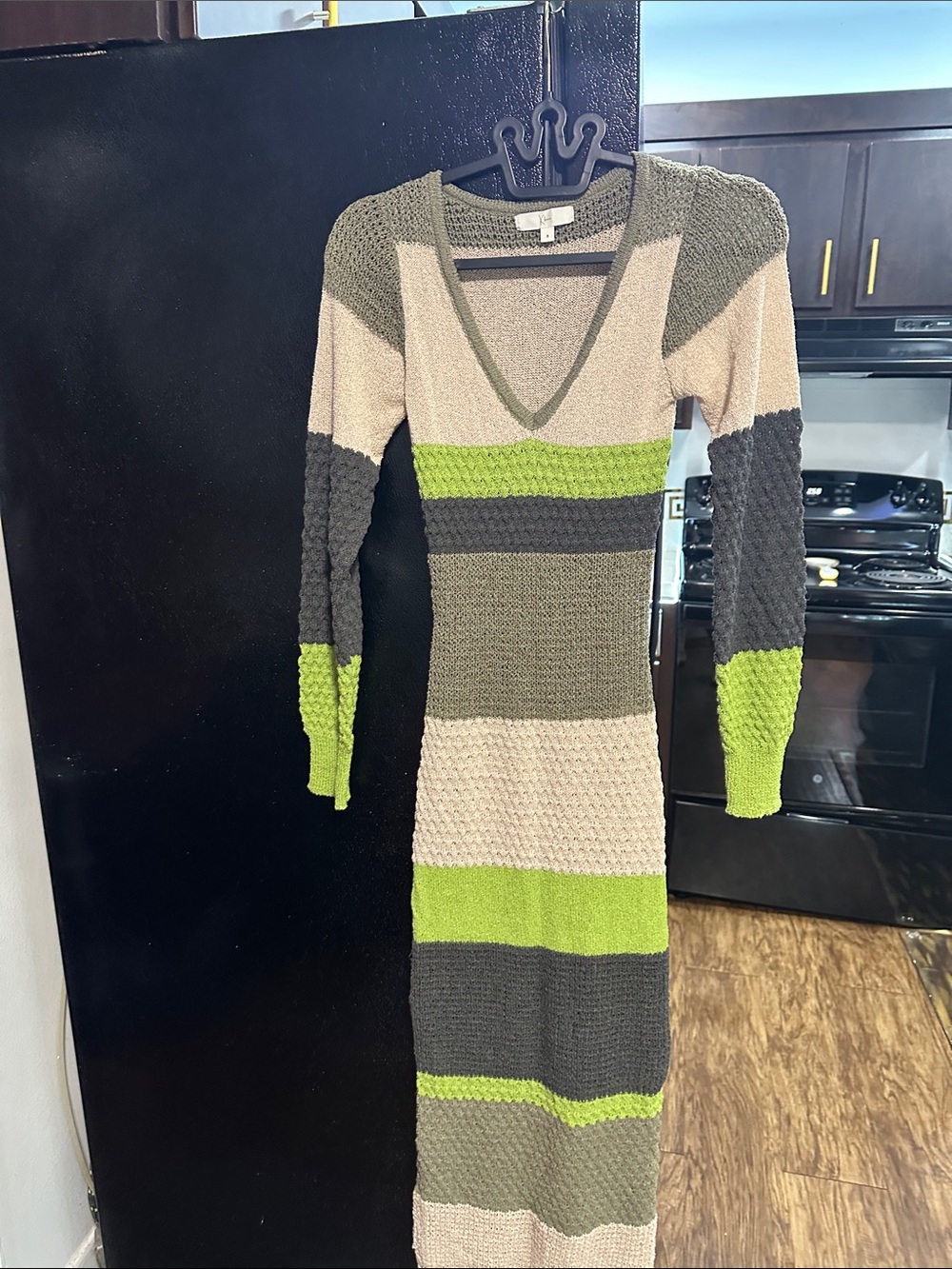 Striped V-Neck Long Sleeve Maxi Dress in Green, Gray & Cream